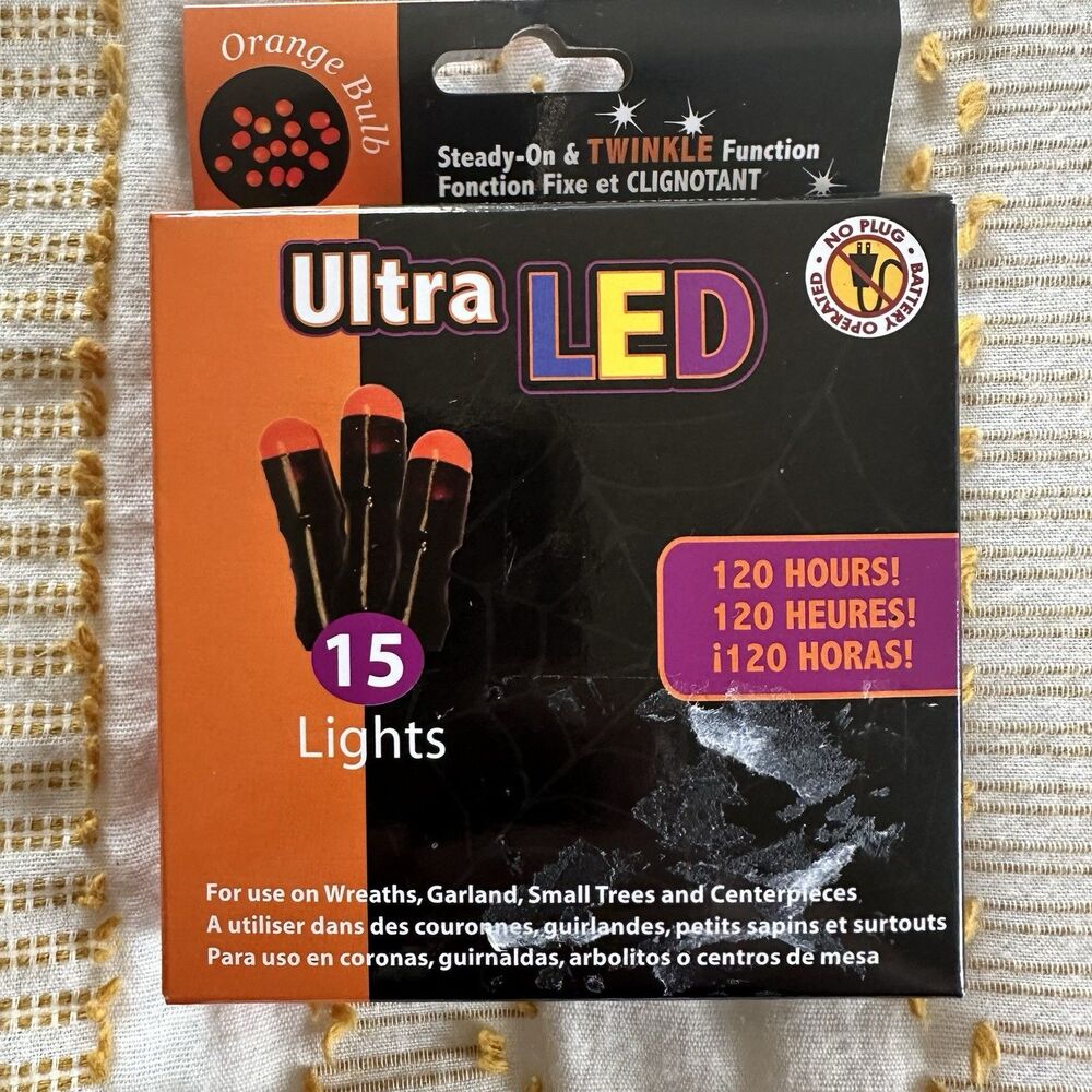 Ultra LED Orange Bulb 15 Lights Battery Operated String Lights w/Twinkle Setting